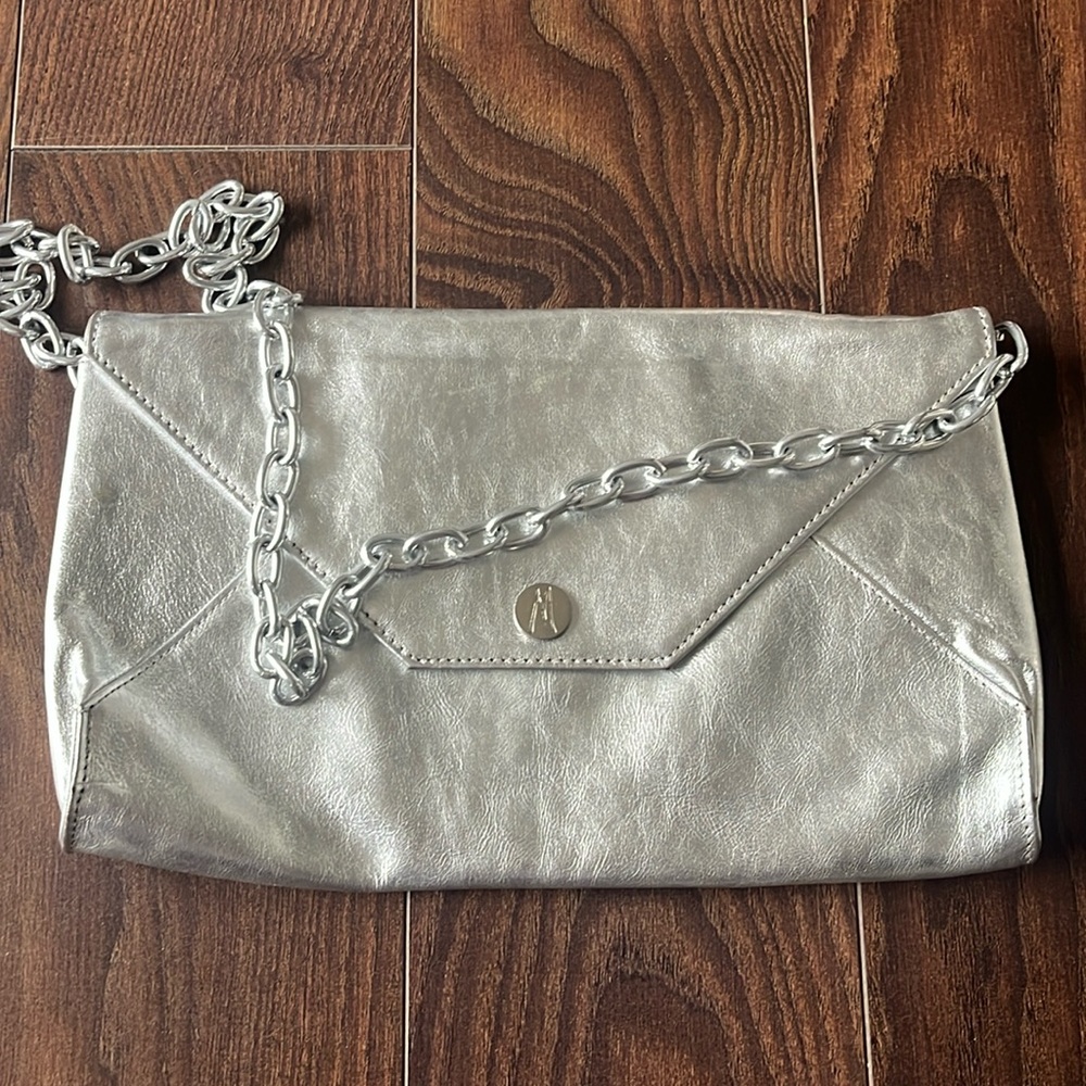 Marciano silver clutch with removable chain